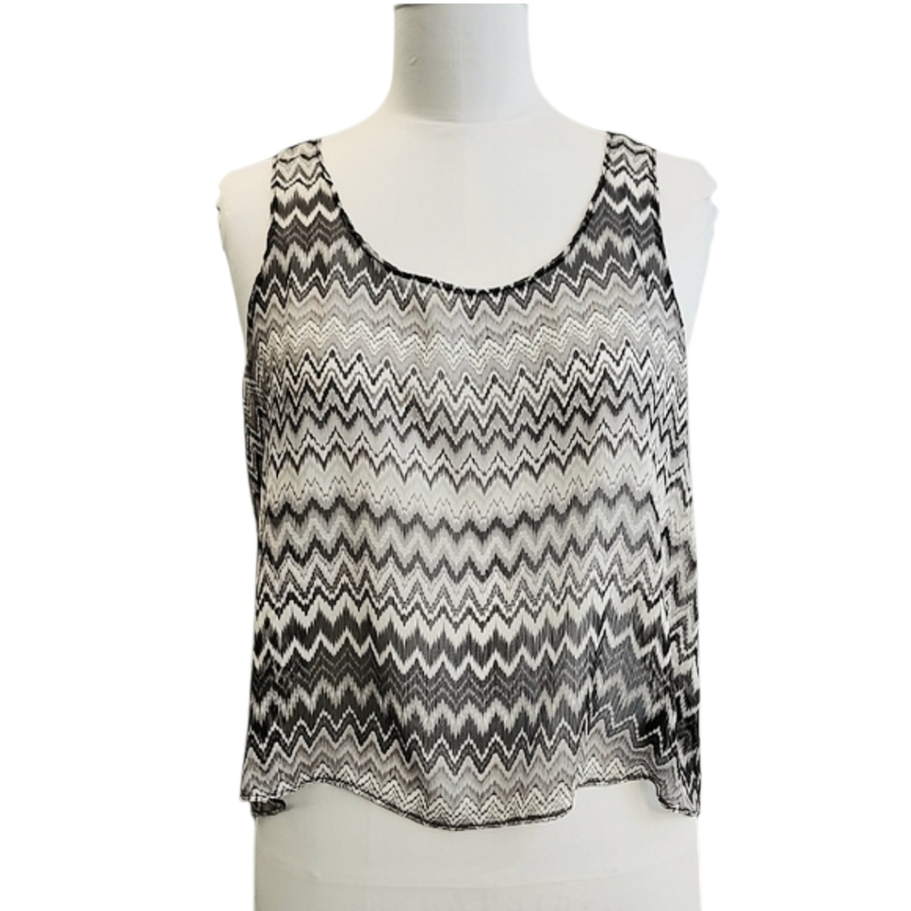 Forever 21 Sheer Flowy Tank Top M Black/Grey/White Zig Zag